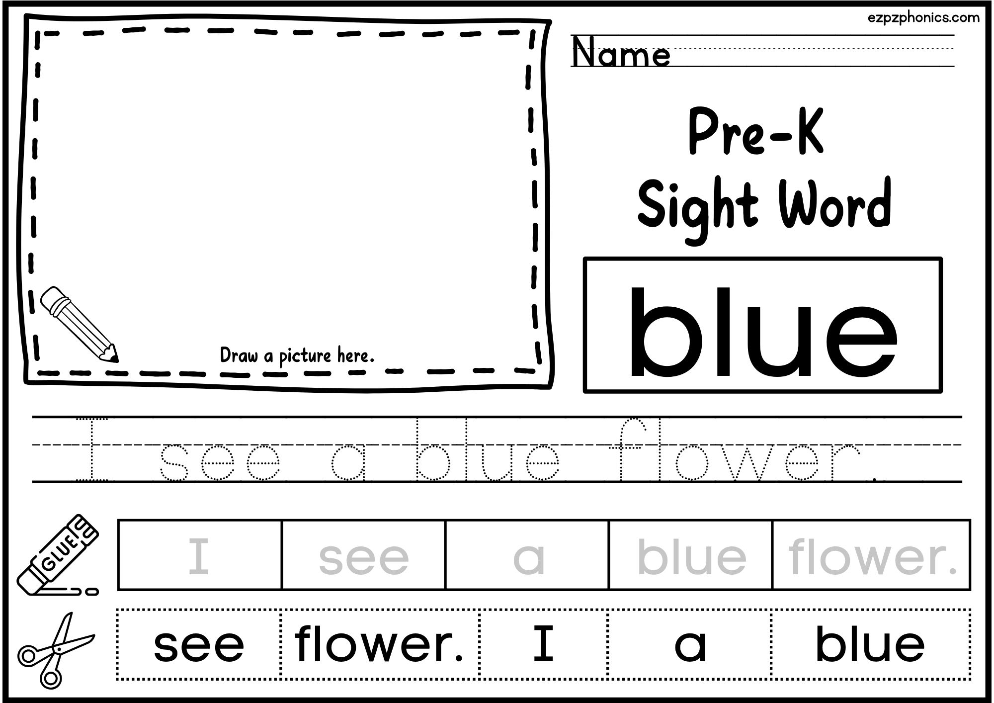 Blue Dolch Sight Word Activity. Draw, Color, Cut and Paste, and Word Tracing.